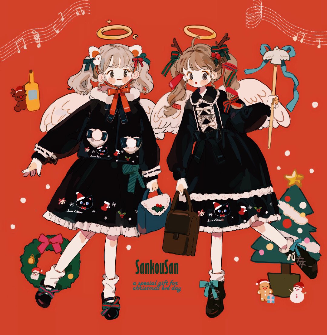 2girls :o ahoge angel animal_ears animal_print ankle_socks antlers bag bird black_bow black_coat black_dress black_footwear blonde_hair blue_bag blue_bow blue_ribbon blush_stickers boots bow bow_button bowtie brown_bag brown_eyes brown_hair cat_ears cat_print center_frills christmas christmas_tree christmas_wreath closed_mouth coat collar collared_dress commentary commission crescent cross-laced_footwear dress english_commentary english_text eyelashes eyeshadow fashion footwear_bow frilled_collar frilled_dress frills full_body fur-trimmed_headwear fur_trim gingerbread_man green_bow hair_bow hair_ribbon halo handbag hat heart heart_print holding holding_bag holding_wand lace-trimmed_dress lace_trim long_hair long_sleeves looking_at_viewer makeup mary_janes medium_dress mistletoe multiple_girls multiple_hair_bows musical_note open_mouth orange_background original pocket pom_pom_(clothes) puffy_long_sleeves puffy_sleeves putong_xiao_gou red_bow red_bowtie red_headwear red_lips red_nose red_ribbon reindeer_antlers ribbon ribbon-trimmed_sleeves ribbon_trim rudolph_the_red_nosed_reindeer santa_hat shoes single_strap smile snowflake_print snowing snowman socks star_(sky) striped striped_bow striped_ribbon twintails waist_bow wand wavy_hair white_bow white_socks wreath yellow_halo