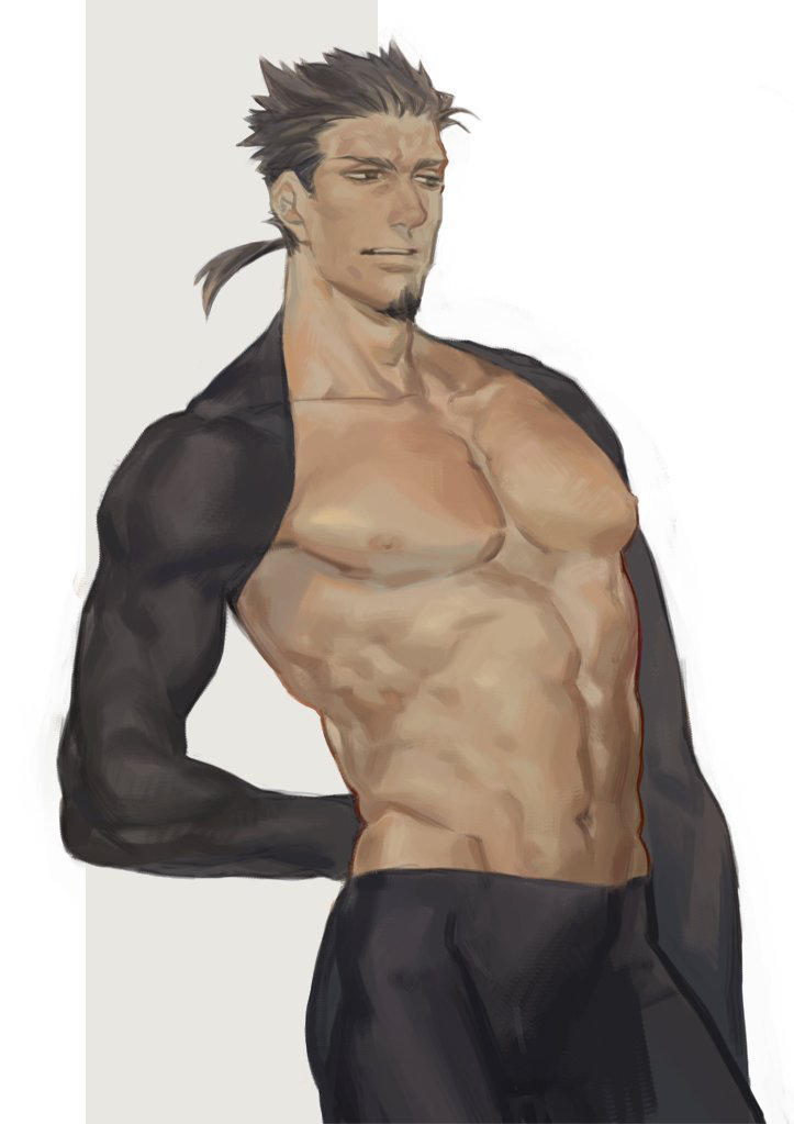 1boy abs arm_behind_back bara bare_pectorals black_hair bulge facial_hair feet_out_of_frame goatee groin large_pectorals looking_to_the_side male_focus mature_male muni_(fdrk) muscular muscular_male navel nipples original pectorals short_hair short_ponytail shrug_(clothing) sideburns solo standing stomach