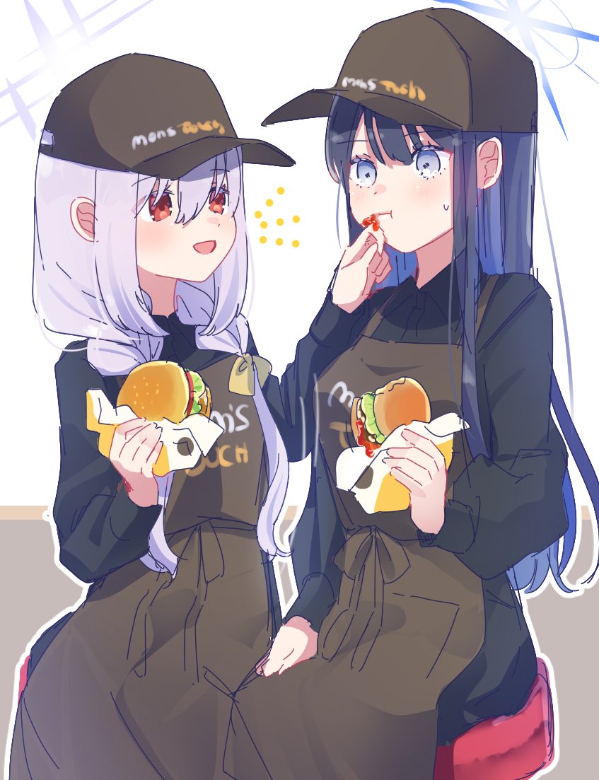 2girls apron atsuko_(blue_archive) black_hair black_headwear blue_archive blue_eyes blue_hair blue_halo braid brown_apron burger closed_mouth colored_inner_hair commentary food hair_between_eyes halo hat holding holding_food knkgdisk long_hair mom's_touch multicolored_hair multiple_girls open_mouth puffy_short_sleeves puffy_sleeves purple_hair purple_halo red_eyes saori_(blue_archive) short_sleeves smile symbol-only_commentary twin_braids yuri