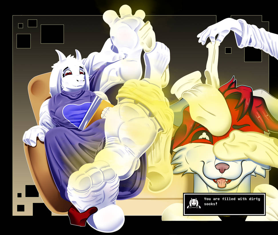 anthro charles_the_stray_kitty clothing duo feet female foot_focus footwear hindpaw male paws randomfreak95 smelly smelly_feet socks toriel undertale_(series)