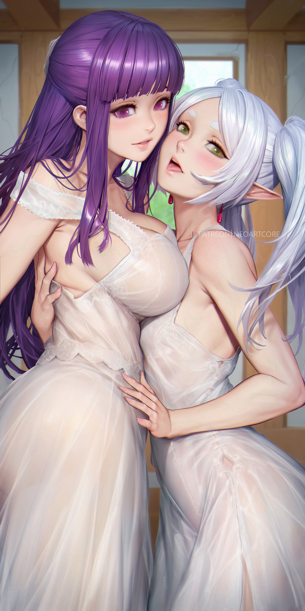 2girls arm_around_waist asymmetrical_docking breast_press breasts cleavage dress elf fern_(sousou_no_frieren) frieren green_eyes grey_hair hand_on_another's_stomach head_tilt highres large_breasts long_hair multiple_girls neoartcore open_mouth parted_lips pointy_ears purple_eyes purple_hair small_breasts sousou_no_frieren strap_slip tongue tongue_out twintails white_dress