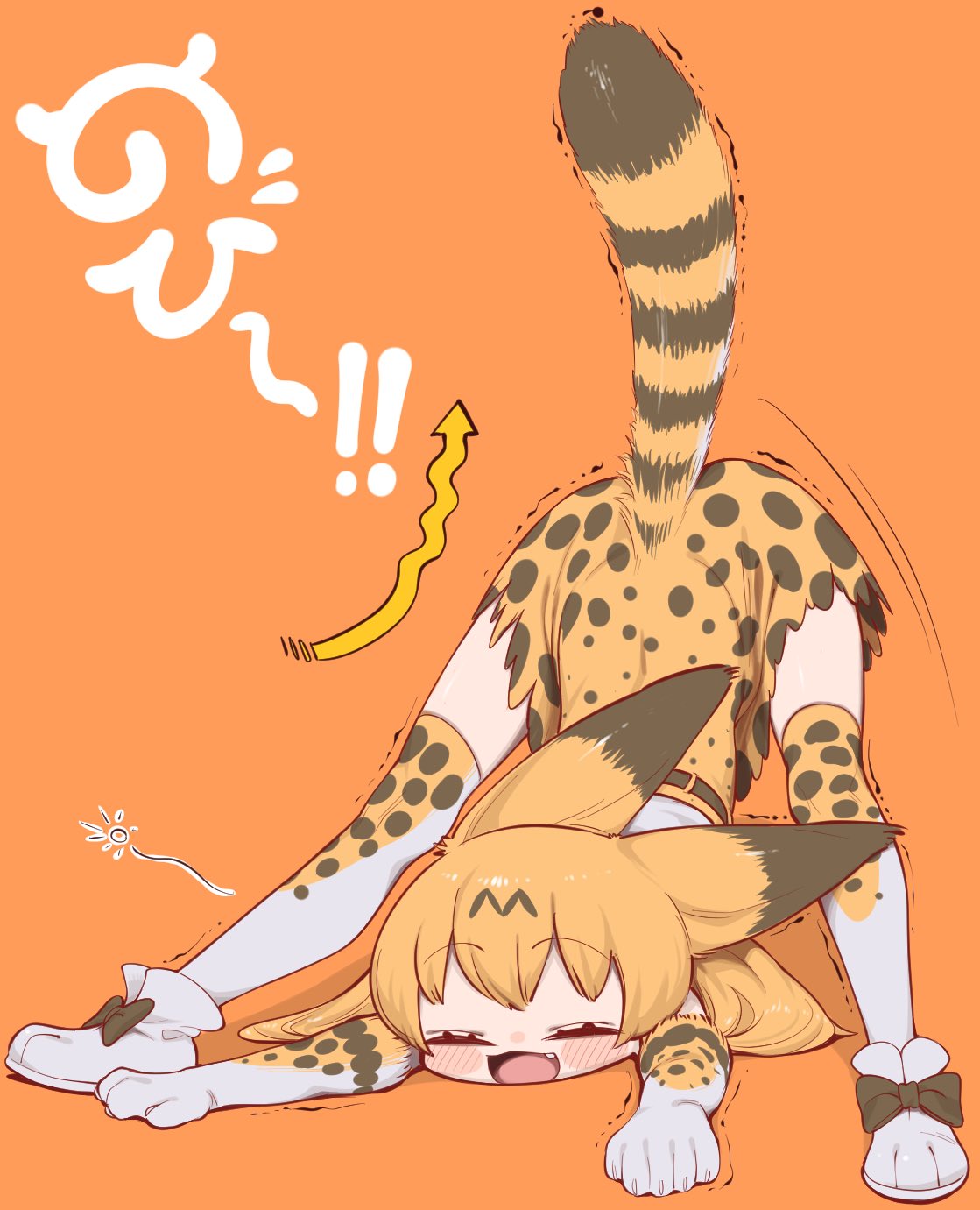 1girl :3 animal_ears blonde_hair blush boots cat_ears cat_girl cat_stretch cat_tail closed_eyes fang gloves high-waist_skirt highres kemono_friends multicolored_clothes multicolored_gloves multicolored_thighhighs notora open_mouth print_gloves print_skirt print_thighhighs serval_(kemono_friends) serval_print shirt short_hair skirt solo stretching tail thighhighs translation_request white_footwear white_gloves white_shirt white_thighhighs yellow_gloves yellow_thighhighs