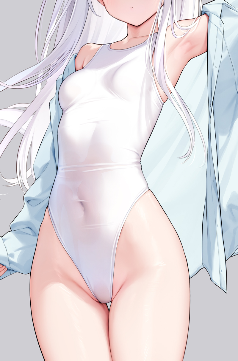 1girl arm_up armpits breasts collarbone covered_navel cowboy_shot facing_viewer grey_background groin head_out_of_frame highres long_hair mignon one-piece_swimsuit open_clothes open_shirt original parted_lips shiro-chan_(mignon) shirt simple_background small_breasts solo swimsuit white_hair white_one-piece_swimsuit white_shirt