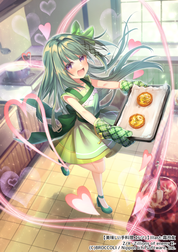 1girl :d ankle_strap apron baking baking_sheet blush bow cooking_pot copyright counter dress food full_body green_apron green_bow green_dress green_footwear green_hair hair_bow heart high_heels holding holding_tray kitchen ladle looking_at_viewer mixing_bowl official_art one_side_up ori_simo oven_mitts purple_eyes quiche short_sleeves smile solo spatula standing standing_on_one_leg tile_floor tiles tray window wispy_bangs z/x