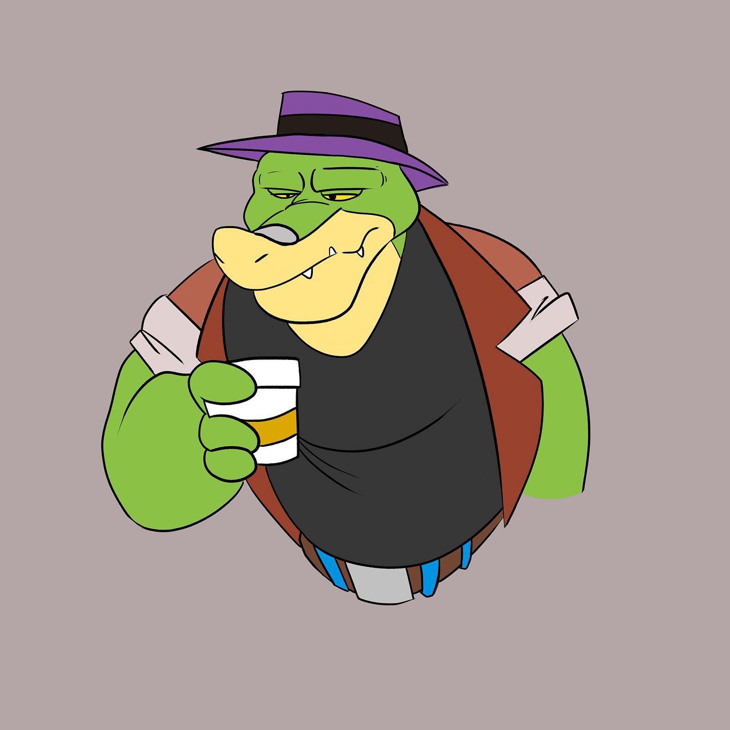 2022 alligator alligatorid anthro beverage boah822 brok_(character) brok_the_investigator clothing coffee crocodilian green_body hat headgear headwear hi_res humanoid_hands reptile scalie shirt simple_background slightly_chubby solo topwear