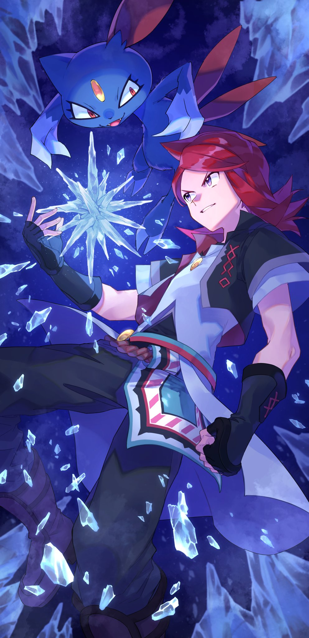 1boy black_gloves boots clenched_hand commentary_request cowlick cropped_jacket fingerless_gloves gloves grey_eyes highres ice ice_shard jacket long_hair male_focus official_alternate_costume open_clothes open_jacket pants parted_lips pokemon pokemon_(creature) pokemon_(game) pokemon_masters_ex red_hair short_sleeves silver_(pokemon) silver_(sygna_suit)_(pokemon) smile smrs_ss sneasel