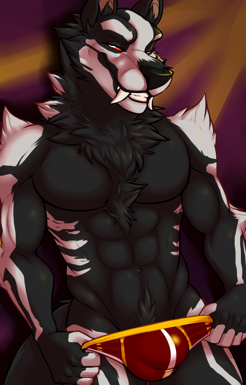 2016 5_fingers anthro black_body black_fur black_nose canid canine chest_tuft clothing digital_media_(artwork) eyebrows fcsimba fingers fur half-closed_eyes hi_res male mammal muscular muscular_anthro muscular_male narrowed_eyes red_clothing red_sclera red_underwear simple_background smile solo teeth tuft underwear warren_snicket were werecanid werecanine werewolf white_body white_eyebrows white_fur