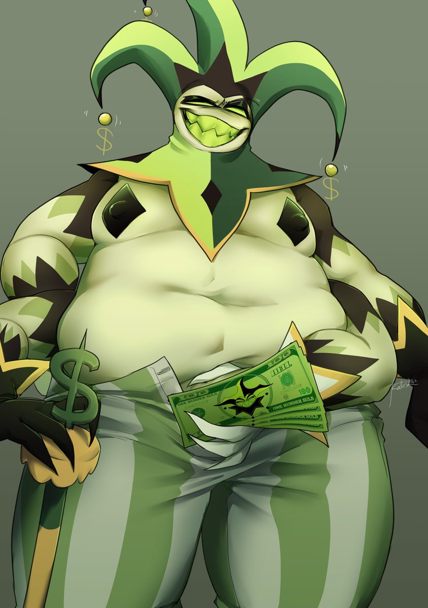 cane censor_bar chubby_male clothing demon fool's_hat hat headgear headwear hi_res humanoid kattesl male mammon_(helluva_boss) money money_cane money_sign moobs not_furry overweight overweight_male shirtless solo unzipped unzipped_pants zipper