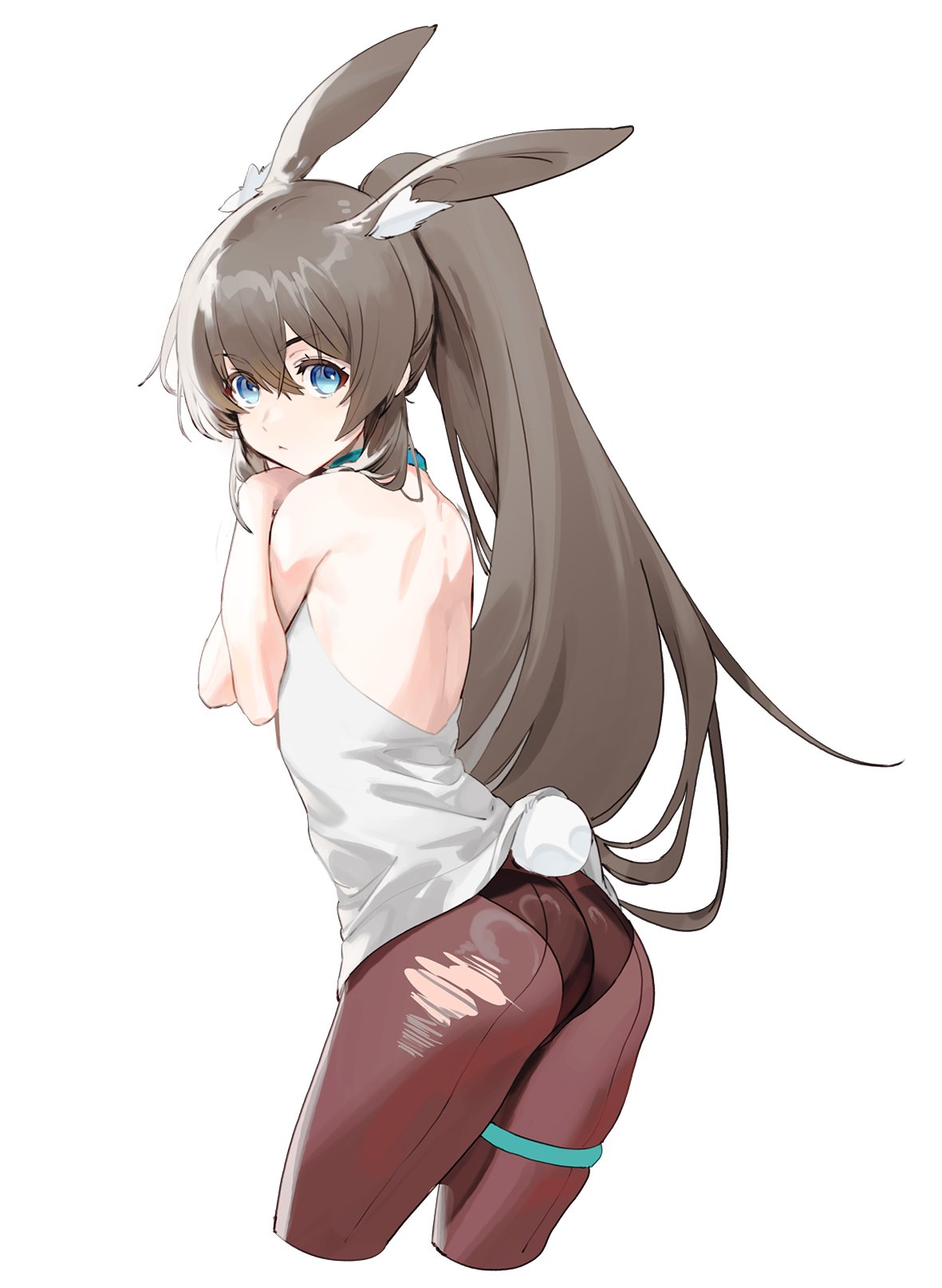1girl amiya_(arknights) animal_ears arknights ass backless_shirt black_panties black_pantyhose blue_eyes cowboy_shot cropped_legs extra_ears from_behind hair_between_eyes highres long_hair looking_at_viewer looking_back olys panties panties_under_pantyhose pantyhose ponytail rabbit_ears rabbit_girl rabbit_tail shirt simple_background solo stretching tail thigh_ring torn_clothes torn_pantyhose underwear very_long_hair white_background white_shirt