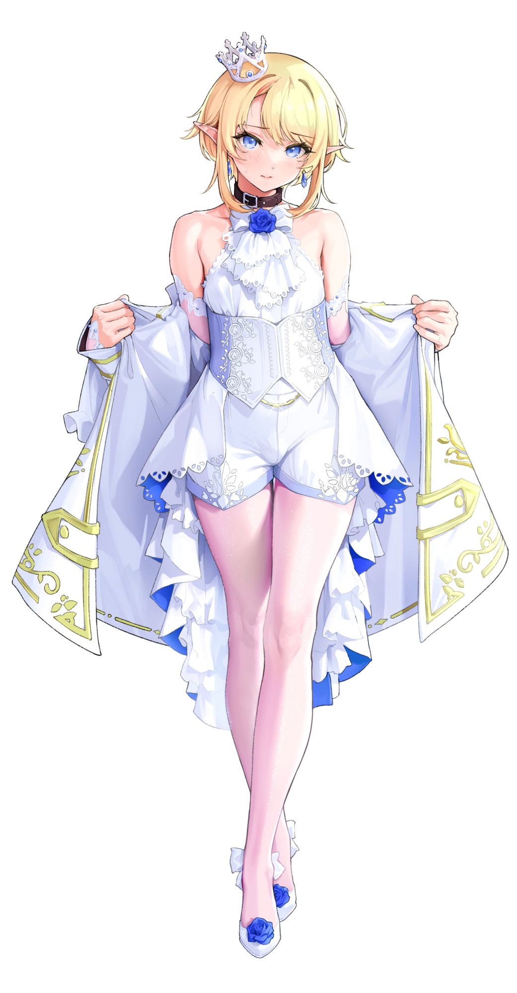 1boy armpit_crease bare_legs bare_shoulders blonde_hair blue_eyes blue_flower bow bowtie bulge coat crown dangle_earrings earrings flower frills gold_trim high-waist_shorts high_heels highres jewelry lace_trim legs looking_at_viewer male_focus mini_crown open_clothes open_coat original otoko_no_ko pointy_ears shirt short_hair short_shorts shorts shuffle_(songdatiankong) sidelocks simple_background sleeveless sleeveless_shirt solo tilted_headwear white_background white_bow white_bowtie white_coat white_footwear white_shirt white_shorts
