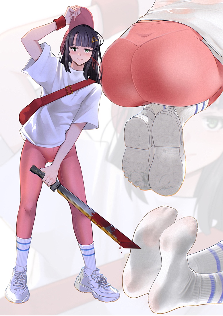1girl arm_up ass bag baseball_cap black_hair blood blunt_bangs commentary english_commentary feet from_behind ghhoward green_eyes hair_ornament hair_ribbon hat holding holding_sword holding_weapon leaning_to_the_side leggings long_hair looking_at_viewer multiple_views no_shoes original oversized_clothes oversized_shirt parted_bangs pink_headwear pink_leggings red_ribbon ribbed_socks ribbon shirt shoes short_sleeves shoulder_bag sneakers socks soles sword toes weapon white_footwear white_socks zoom_layer