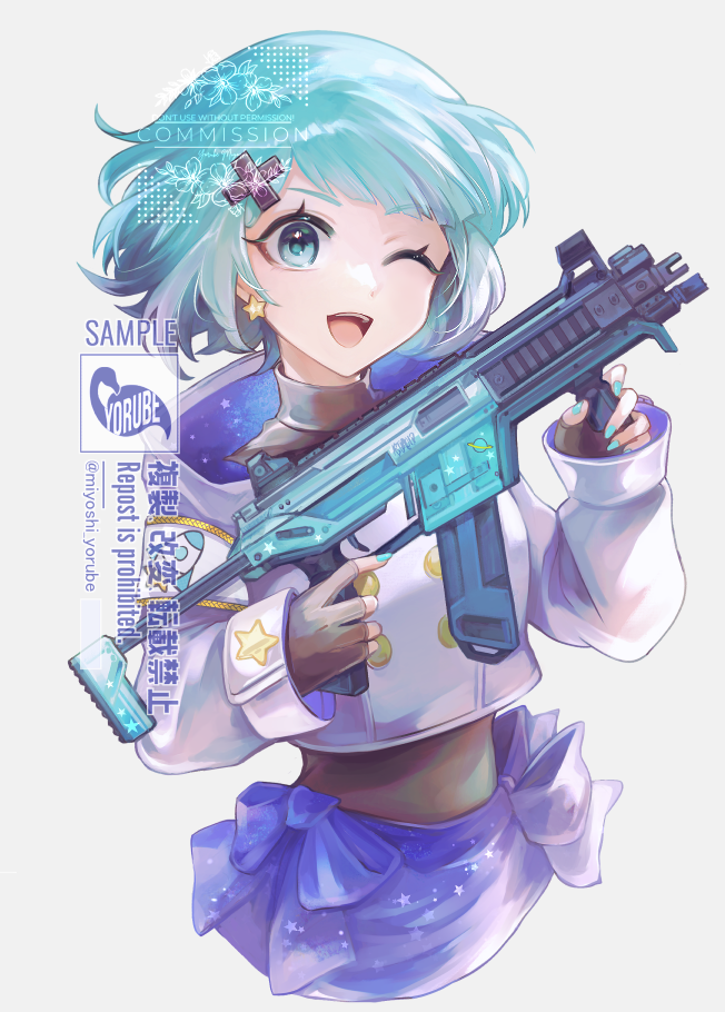 1girl :d apex_legends armband artist_name black_shirt blue_eyes blue_nails bow breasts commission d-pad d-pad_hair_ornament earrings error fingerless_gloves foregrip gloves grey_background gun hair_ornament holding holding_gun holding_weapon hood hood_down hoodie indie_virtual_youtuber jewelry medium_breasts misumi_sumomo miyoshi_yorube one_eye_closed open_mouth purple_bow purple_hoodie purple_skirt r-99_smg sample_watermark shirt skirt smile solo star_(symbol) star_earrings submachine_gun trigger_discipline virtual_youtuber weapon