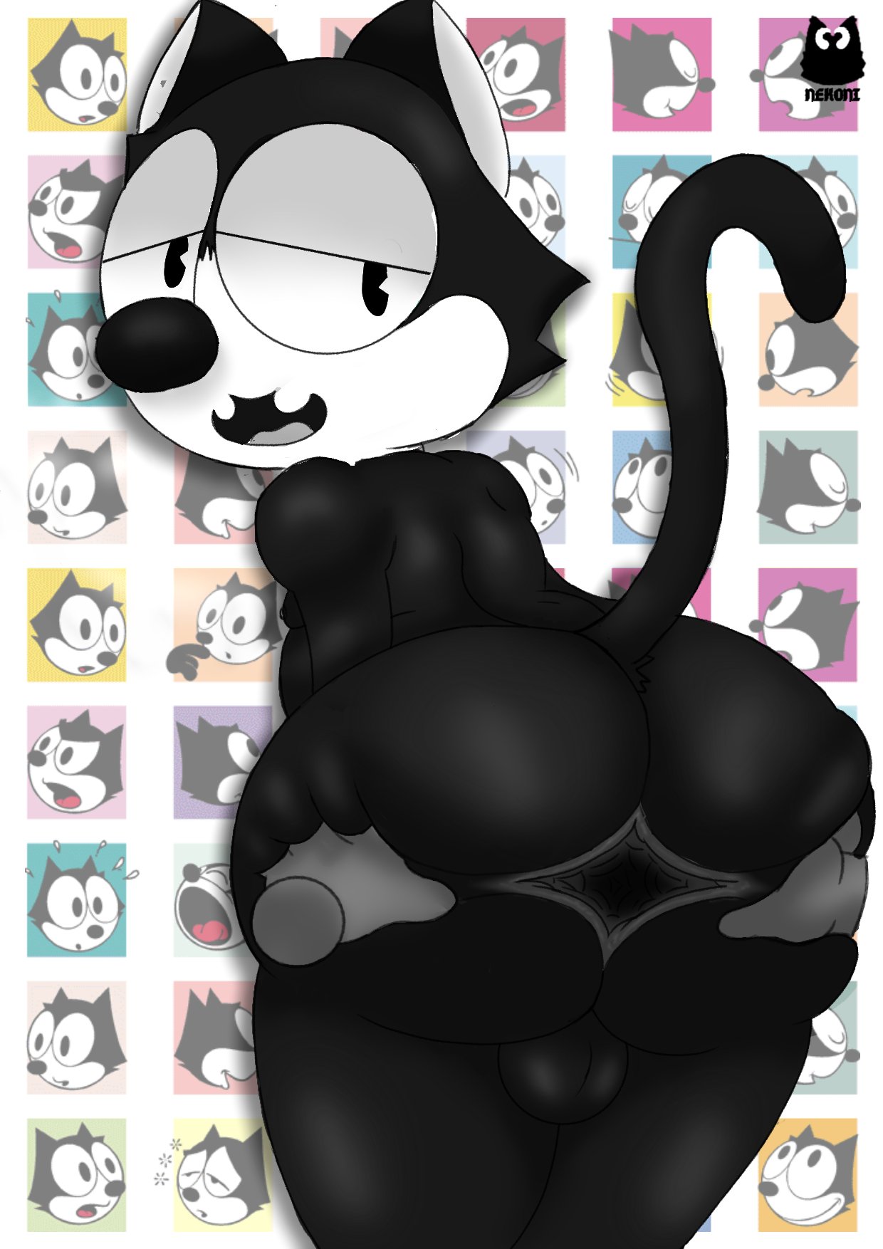 2022 ambiguous_gender anthro anus balls bent_over big_butt black_body black_ears black_eyes black_fur black_nose black_tail butt butt_grab digital_media_(artwork) disembodied_hand domestic_cat duo felid feline felis felix_the_cat felix_the_cat_(series) fur genitals half-closed_eyes hand_on_butt hi_res looking_back looking_pleasured male mammal multicolored_body multicolored_fur narrowed_eyes nekoni offscreen_character pie_cut_eyes spread_anus spread_butt spreading tail teeth thick_thighs tongue two_tone_body two_tone_fur white_body white_fur