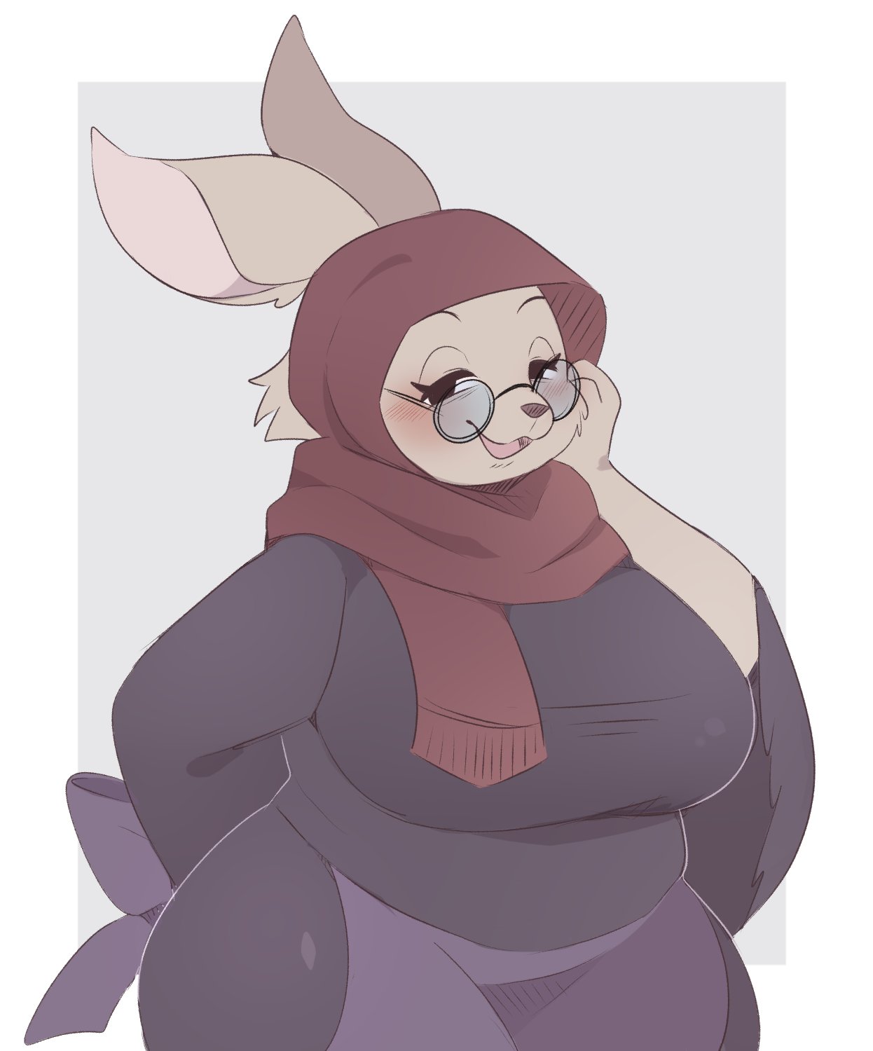 anotherbearsimp anthro biped blush border clothed clothing eyelashes eyewear female front_view glasses headscarf hi_res lagomorph leporid looking_at_viewer mammal mother_rabbit open_mouth rabbit simple_background smile solo white_border