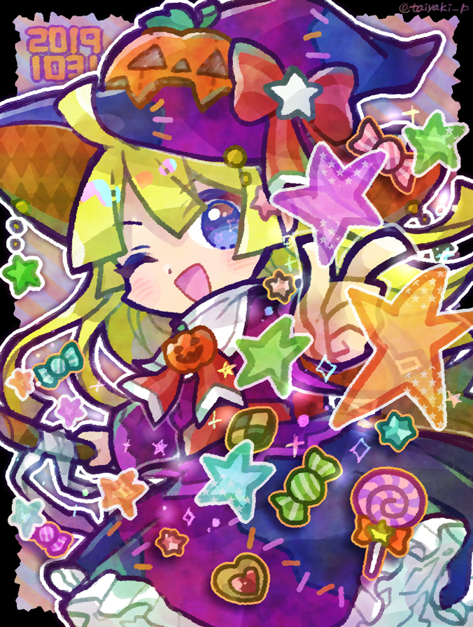 1girl blonde_hair blue_eyes bow broom candy doradorakingyo food halloween holding holding_broom index_finger_raised jack-o'-lantern lollipop long_hair looking_at_viewer pumpkin_hat purple_headwear puyopuyo red_bow red_ribbon ribbon solo star_(symbol) stitches swirl_lollipop witch witch_(puyopuyo) wrapped_candy
