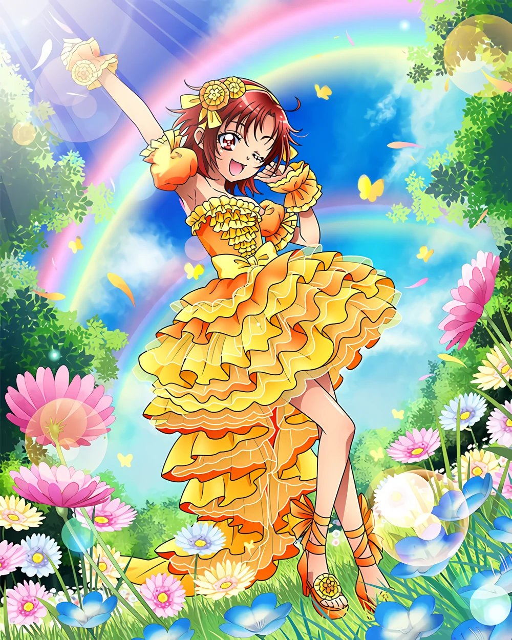 1girl :d alternate_hairstyle artist_request bare_shoulders cloud commentary dress english_commentary eyelashes field flower flower_field frilled_dress frills hair_flower hair_ornament hairband happy highres hino_akane_(smile_precure!) looking_at_viewer official_art one_eye_closed open_mouth orange_dress orange_footwear precure precure_connection_puzzlun rainbow shoes sky smile smile_precure! solo third-party_source wrist_cuffs