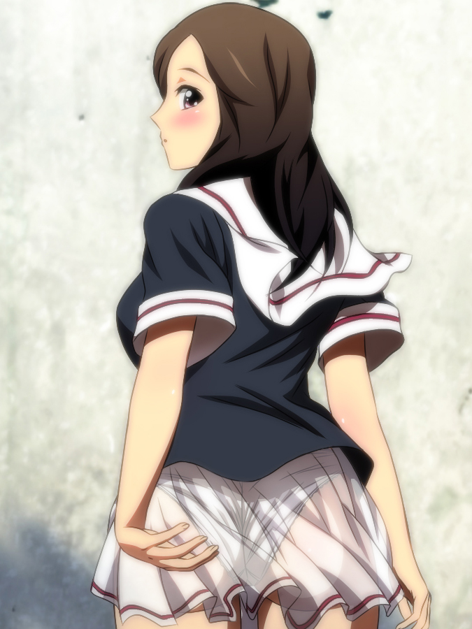 1girl ass black_eyes black_shirt blouse blush brown_hair commentary_request cowboy_shot crotch_seam from_behind looking_at_viewer looking_back medium_hair miniskirt original panties parted_lips pleated_skirt sailor_collar school_uniform see-through serafuku shirt short_sleeves single_horizontal_stripe skirt solo standing underwear white_panties white_sailor_collar white_skirt wind yadokari_genpachirou