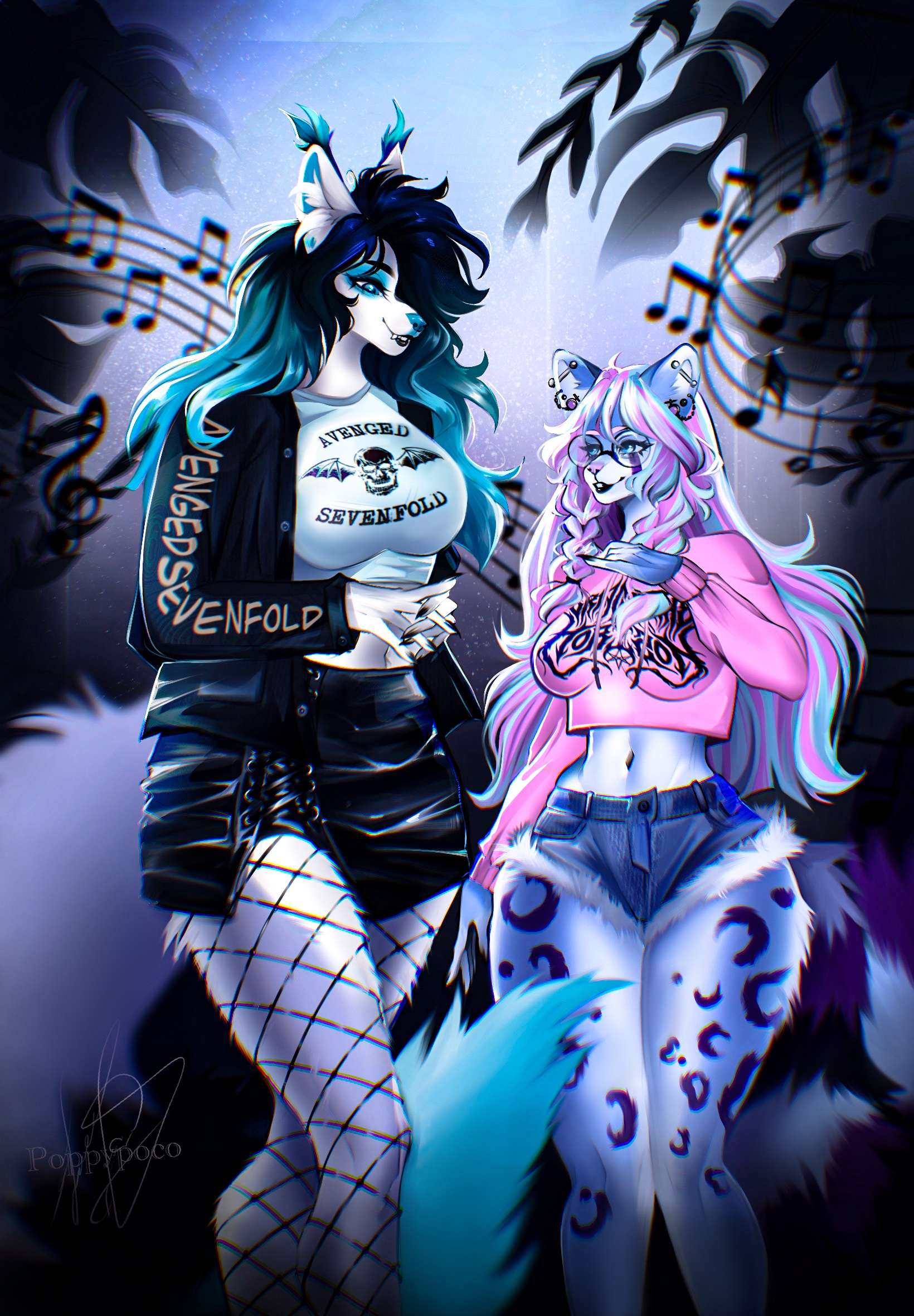 ailurid alexandra_(alexthewoofers) anthro avenged_sevenfold bring_me_the_horizon canid canine canis clothing duo female herm hi_res intersex mammal musical_note poppypoco red_panda senutski_raves wolf