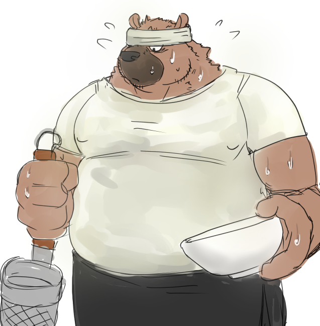 2023 anthro araiguma_11 belly big_belly black_nose bodily_fluids brown_body brown_fur canid canine canis clothing domestic_dog fur humanoid_hands kemono male mammal overweight overweight_male shirt solo sweat topwear