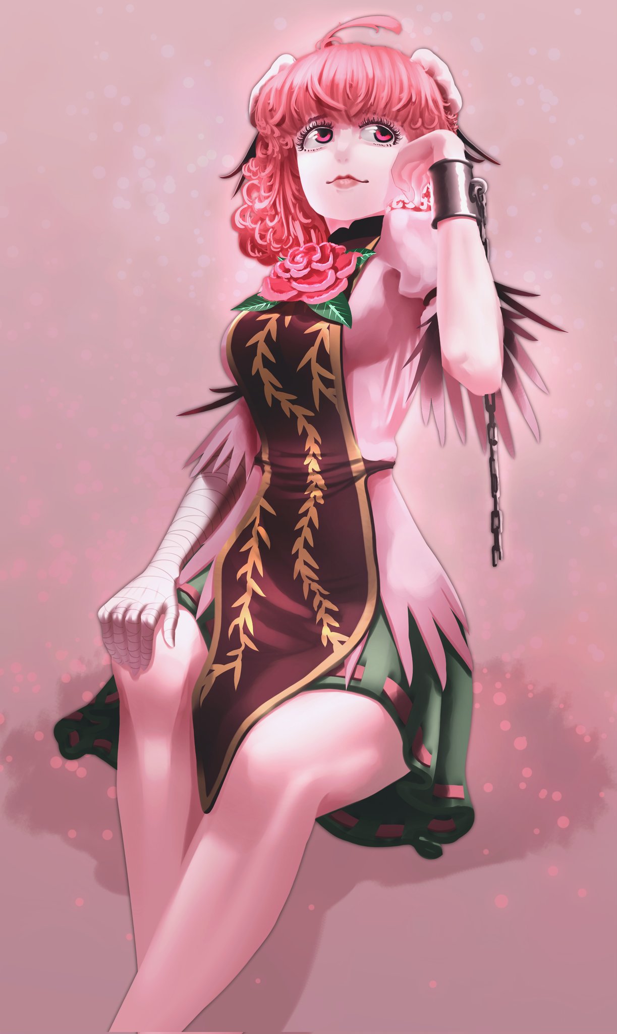 1girl bad_anatomy bad_leg breasts bun_cover closed_mouth cuffs feet_out_of_frame flower gold_trim hand_up highres ibaraki_kasen klabisot light_smile lips looking_to_the_side looking_up medium_breasts medium_hair nostrils pink_background pink_eyes pink_flower pink_hair puffy_short_sleeves puffy_sleeves shackles short_sleeves simple_background sitting solo touhou