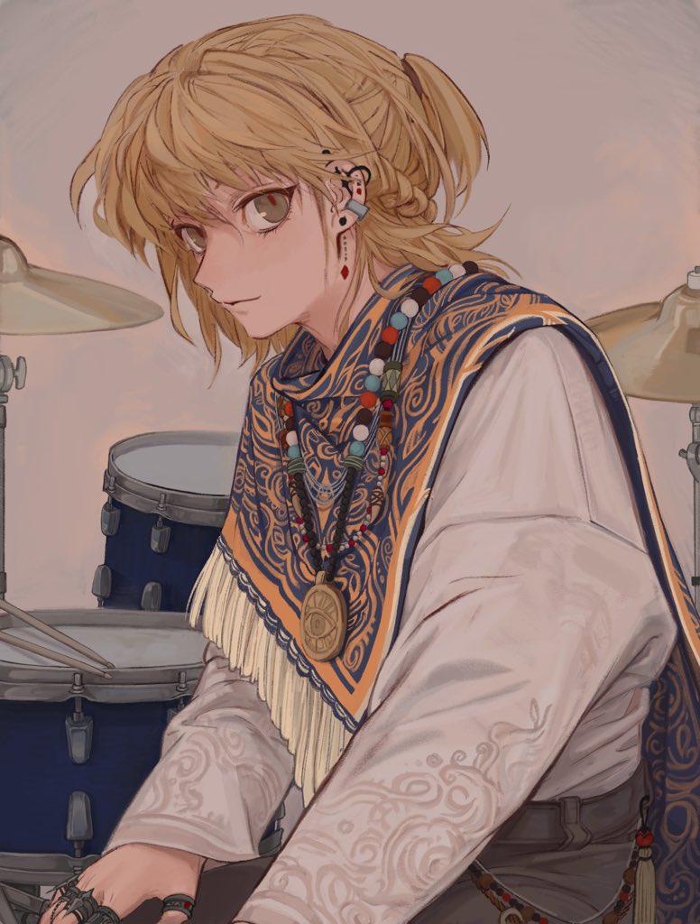 1boy blonde_hair chain commentary cymbals drum earrings english_commentary hoop_earrings hunter_x_hunter ik18166181ik instrument jewelry kurapika long_sleeves looking_at_viewer male_focus shirt short_hair simple_background solo upper_body white_shirt