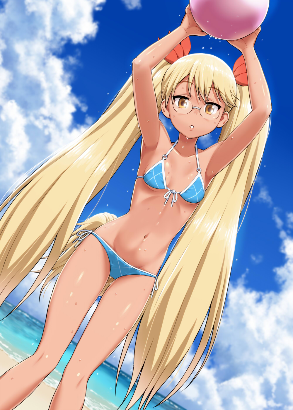 animal_humanoid ball bikini bird_dog blonde_hair blue_bikini blue_clothing blue_swimwear blush breasts canid canid_humanoid canine canine_humanoid canis clothing cloud day dog_humanoid domestic_dog eyewear female fluffy fluffy_tail glasses golden_retriever hair hi_res humanoid hunting_dog long_hair long_tail mammal mammal_humanoid navel retoree_(show_by_rock!!) retriever sand sanrio sea show_by_rock!! sky small_breasts solo swimwear tail tan_body tan_skin twintails_(hairstyle) water wet wet_body