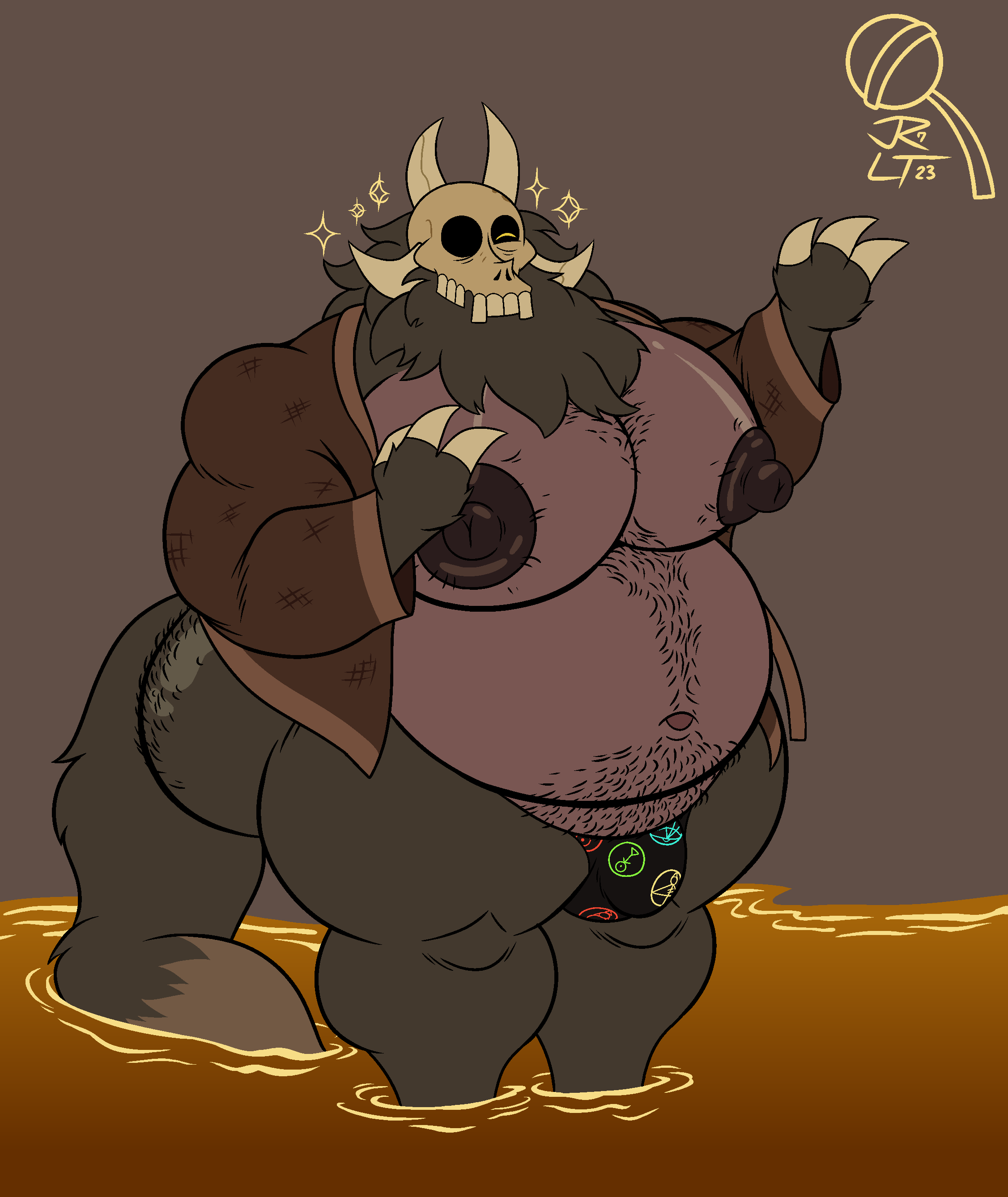 2023 3_fingers absurd_res anthro beard belly belly_hair big_belly big_breasts big_butt big_nipples big_pecs body_hair bone bottomless breasts brown_clothing brown_jacket brown_topwear butt butt_hair chest_hair clothed clothing coruki countershading disney eyes_closed facial_hair fingers fluffy fluffy_tail fur grey_background grey_body grey_fur hairy hi_res huge_butt huge_nipples jacket liquid long_tail male multicolored_body multicolored_fur navel nipples overweight overweight_anthro overweight_male papa_titan_(the_owl_house) partially_submerged pecs pubes shirtless signature simple_background skull skull_head solo sparkles standing standing_in_liquid standing_in_water tail teeth the_owl_house thick_thighs titan_(the_owl_house) topwear two_tone_body two_tone_fur wide_hips