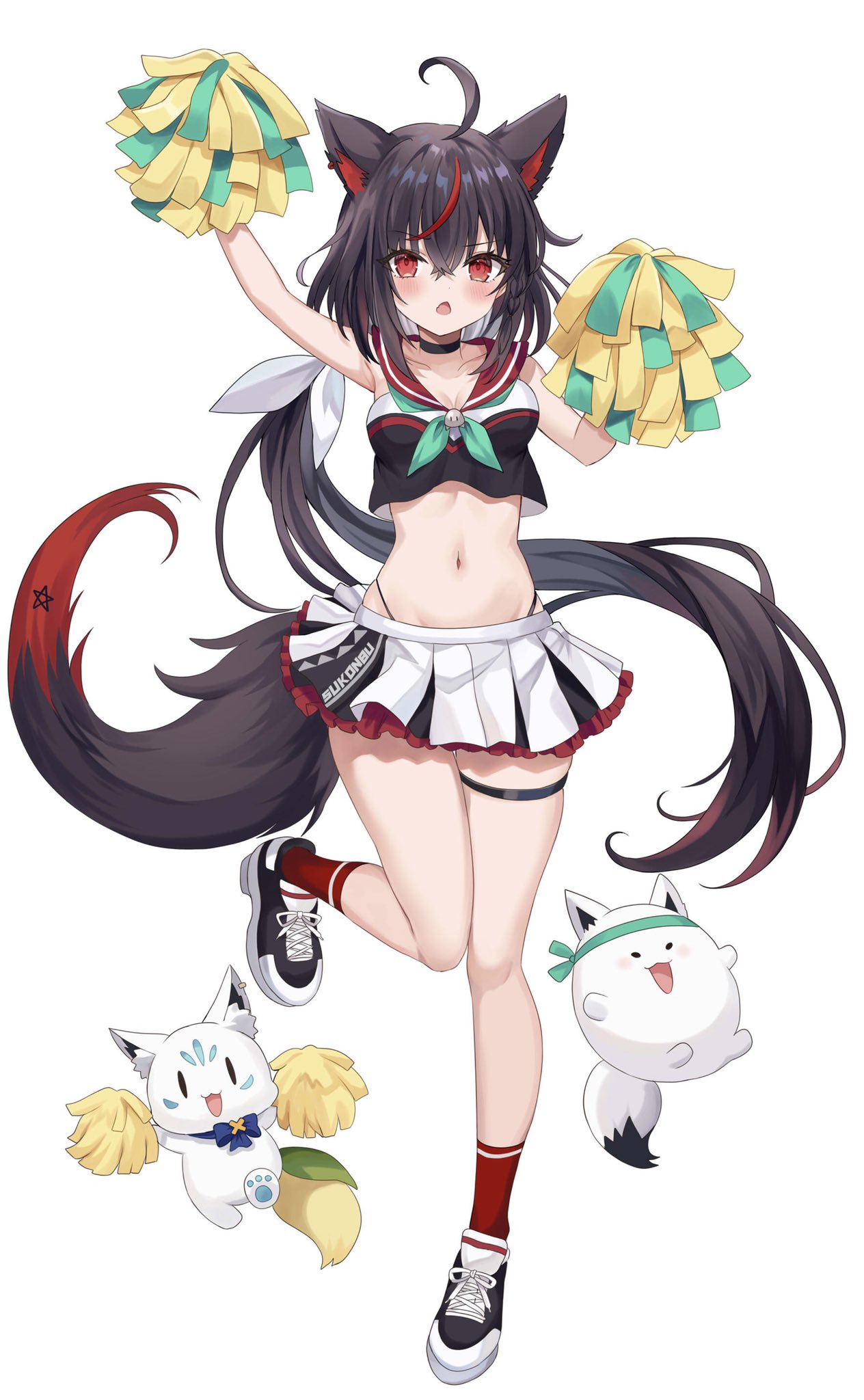 1girl ahoge alternate_costume animal_ears arm_up armpits bare_arms bare_shoulders black_choker black_footwear black_hair black_sailor_collar black_shirt breasts cheerleader choker crop_top crop_top_overhang fox_ears fox_girl fox_tail frown fubuzilla_(shirakami_fubuki) hand_up highleg highres holding holding_pom_poms hololive kurokami_fubuki leg_up long_hair looking_at_viewer low_ponytail medium_breasts midriff miniskirt multicolored_hair navel neckerchief open_mouth panty_straps pleated_skirt pom_pom_(cheerleading) red_socks retsuto sailor_collar shirt shoes simple_background skirt sleeveless sleeveless_shirt sneakers socks solo standing standing_on_one_leg stomach streaked_hair sukonbu_(shirakami_fubuki) tail thigh_strap thighs v-shaped_eyebrows very_long_hair virtual_youtuber white_background white_skirt