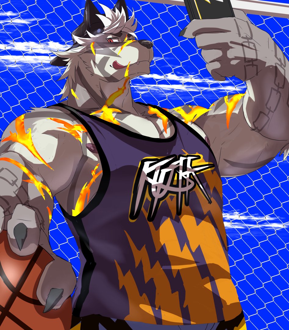 anthro backwards_baseball_cap backwards_hat ball baseball_cap basketball_(ball) canid canine canis cellphone clawed_fingers clothing cloud domestic_dog fur grey_body grey_fur hair hat headgear headwear lifewonders male mammal metal_fence muscle_shirt muscular muscular_arms muscular_male pecs phone q'ursha_(housamo) raised_arms red_eyes rotton99 scar selfie sky solo tokyo_afterschool_summoners white_body white_fur white_hair wire