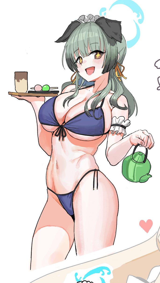 +_+ 1girl animal_ears bikini blue_archive blue_bikini breasts brown_eyes cleavage colored_tips commentary dango dog_ears extra_ears food grey_hair hair_ribbon halo heart highres kettle large_breasts long_hair maid_headdress multicolored_hair navel open_mouth ribbon smile solo swimsuit umika_(blue_archive) urrrt wagashi