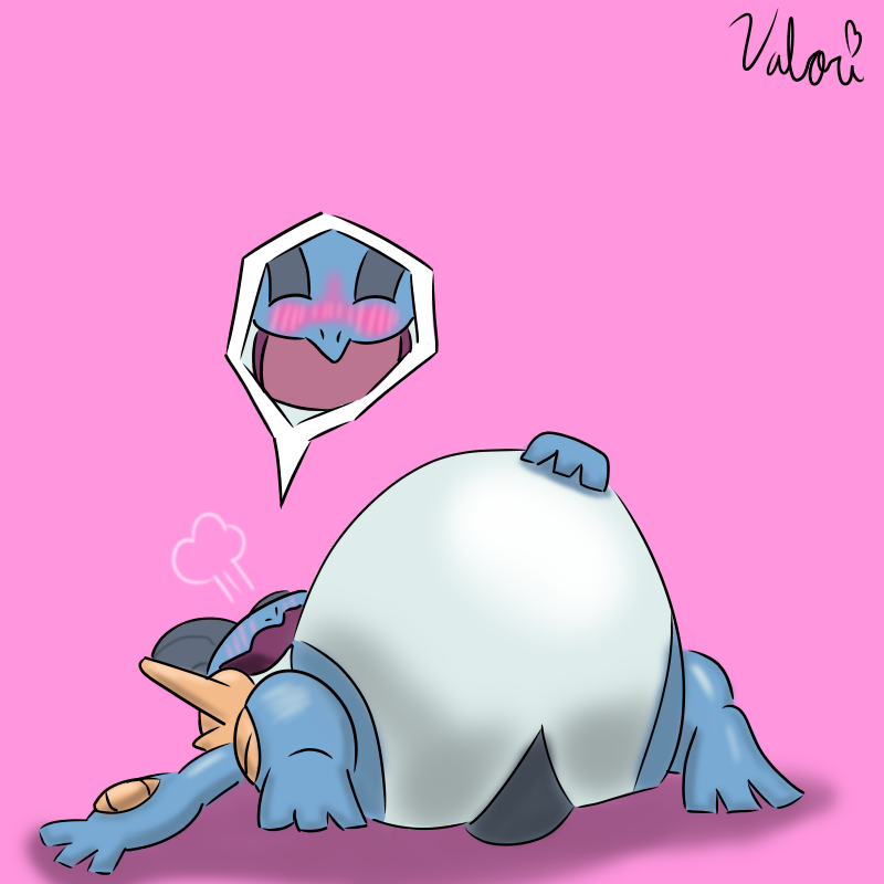 1:1 anthro belly belly_rub big_belly blush exhausted generation_3_pokemon huge_belly lying male nintendo pink_background pokemon pokemon_(species) relaxing satisfied simple_background solo swampert valorious_graham vore