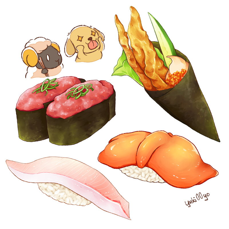 +_+ 0_0 :3 animal artist_name chibi chibi_inset chopsticks closed_mouth commentary_request cucumber dog fish_(food) food food_focus gunkanmaki hands_on_own_cheeks hands_on_own_face hands_up happy holding holding_chopsticks lettuce nigirizushi original rice roe salmon sheep signature simple_background smile spring_onion sushi temakizushi tongue tongue_out white_background white_eyes yuki00yo