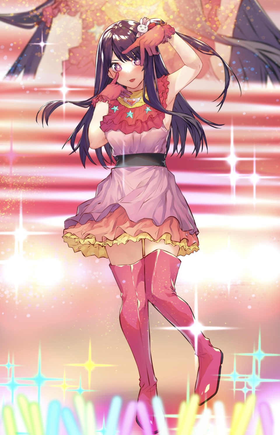 1girl belt black_belt blurry blurry_foreground blush boots breasts brooch commentary dress floating_hair frilled_dress frilled_gloves frills gloves glowstick hair_ornament hair_ribbon heart heart_brooch highres hoshino_ai_(oshi_no_ko) jewelry light_particles long_hair looking_at_viewer one_side_up oshi_no_ko pink_dress pink_footwear pink_gloves pink_ribbon purple_eyes purple_hair rabbit_hair_ornament ribbon screen_zoom sidelocks sleeveless sleeveless_dress small_breasts solo sparkle star-shaped_pupils star_(symbol) symbol-shaped_pupils thigh_boots tongue tongue_out turtleneck_dress v_over_eye yongo_(ssaa9675) zettai_ryouiki