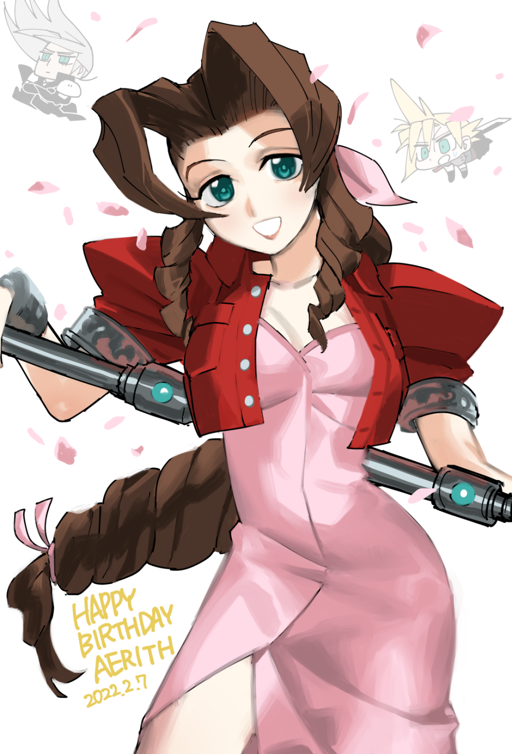 1girl 2boys aerith_gainsborough armor black_coat black_gloves black_pants blonde_hair brown_hair chibi cloud_strife coat curly_hair dress english_text falling final_fantasy final_fantasy_vii gauntlets gloves green_eyes grey_hair grin grumpy hair_ribbon happy_birthday highres holding holding_staff holding_weapon jacket long_hair long_sleeves materia messy_hair multiple_boys pants parted_bangs pauldrons petals pink_dress pink_ribbon puffy_short_sleeves puffy_sleeves red_jacket ribbon sephiroth short_hair short_sleeves shoulder_armor silver_jewelry slit_pupils smile staff sub_fan_art surprised sword weapon weapon_behind_back