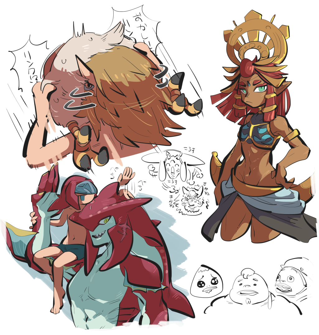 1girl 6+boys abs armlet bare_shoulders blonde_hair crop_top dark-skinned_female dark_skin gerudo goron green_eyes hand_on_own_hip headpiece link midriff multiple_boys navel on_shoulder red_hair riju scar sharp_teeth short_hair sidon sitting sketch skirt_cutout teeth the_legend_of_zelda the_legend_of_zelda:_tears_of_the_kingdom tirarizun toned topless_male yellow_eyes yunobo zora