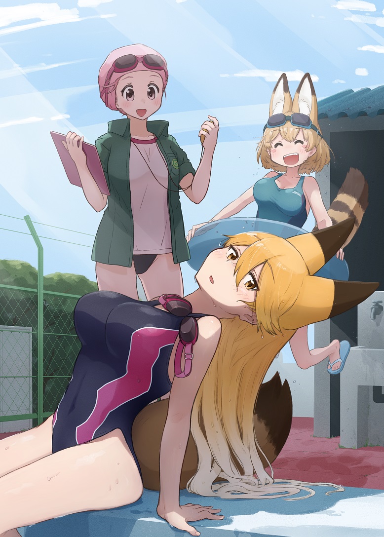 3girls alternate_costume animal_ears black_one-piece_swimsuit blonde_hair blue_one-piece_swimsuit brown_hair cat_ears cat_girl cat_tail commentary_request competition_swimsuit extra_ears ezo_red_fox_(kemono_friends) flip-flops fox_ears fox_girl fox_tail goggles goggles_on_head green_jacket hntk778 jacket kemono_friends long_hair multiple_girls nana_(kemono_friends) no_pants one-piece_swimsuit orange_hair outdoors pink_hair pool sandals serval_(kemono_friends) shirt short_hair short_sleeves sitting swim_cap swimsuit swimsuit_under_clothes t-shirt tail white_shirt yellow_eyes