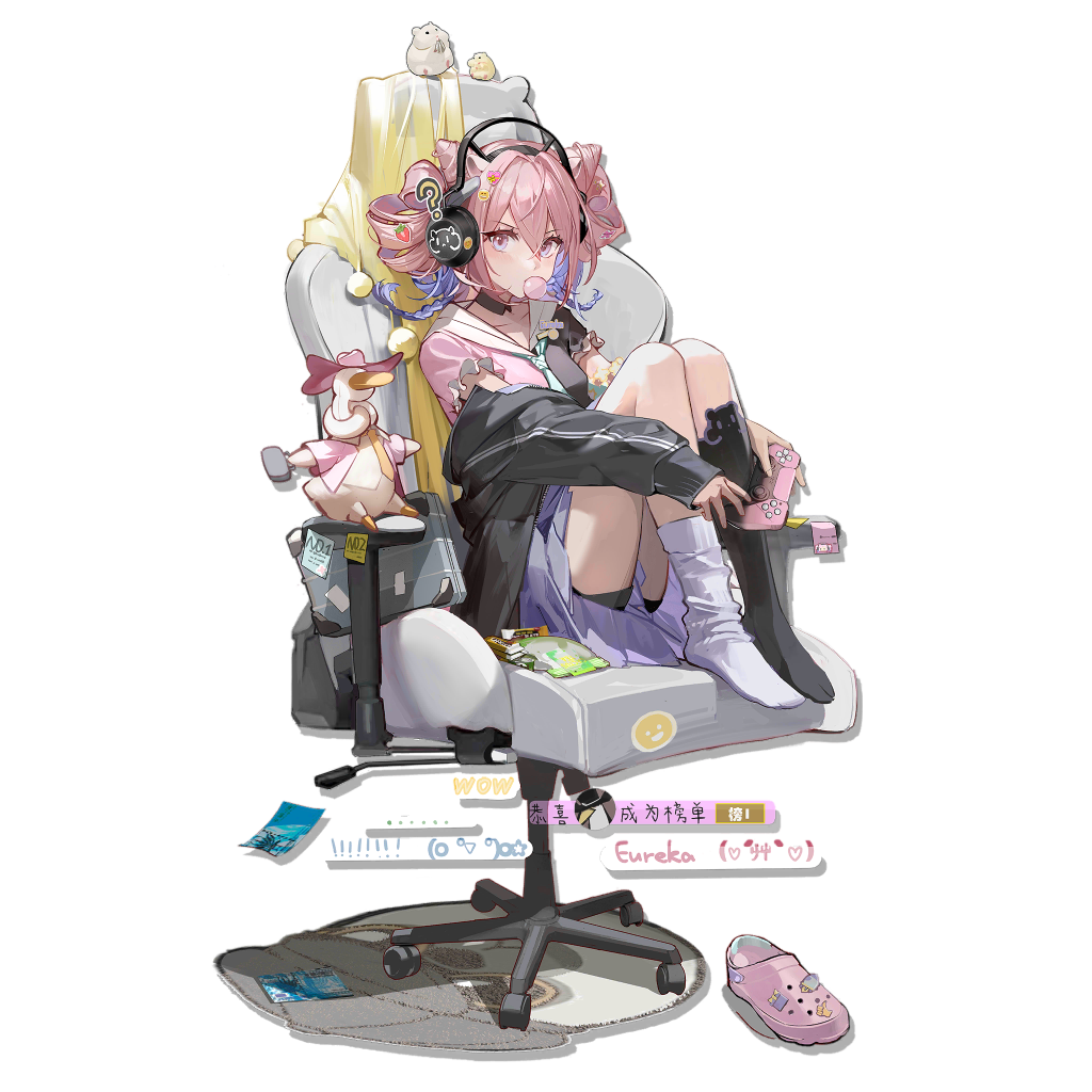 1girl animal_ears arknights asymmetrical_legwear bag black_jacket black_socks blue_hair blue_necktie blue_skirt braid bubble chair character_doll character_name character_rug chewing_gum chinese_text collarbone controller crocs detached_collar drill_hair duck_lord_(arknights) eureka full_body game_controller gaming_chair gopnik_(arknights) gradient_hair hair_horns hamster hamster_ears handbag heart_emoji holding holding_controller holding_game_controller hugging_own_legs jacket kneehighs knees_up looking_at_viewer lungmen_dollar mismatched_legwear multicolored_hair necktie no_shoes official_art pink_hair rug seed shoes shoes_removed single_kneehigh single_sock skirt smile_emoji snack socks sticker striped striped_jacket sunflower_seed swivel_chair translation_request transparent_background twin_braids two-tone_shirt vertical-striped_jacket vertical_stripes white_socks zheshe_jing