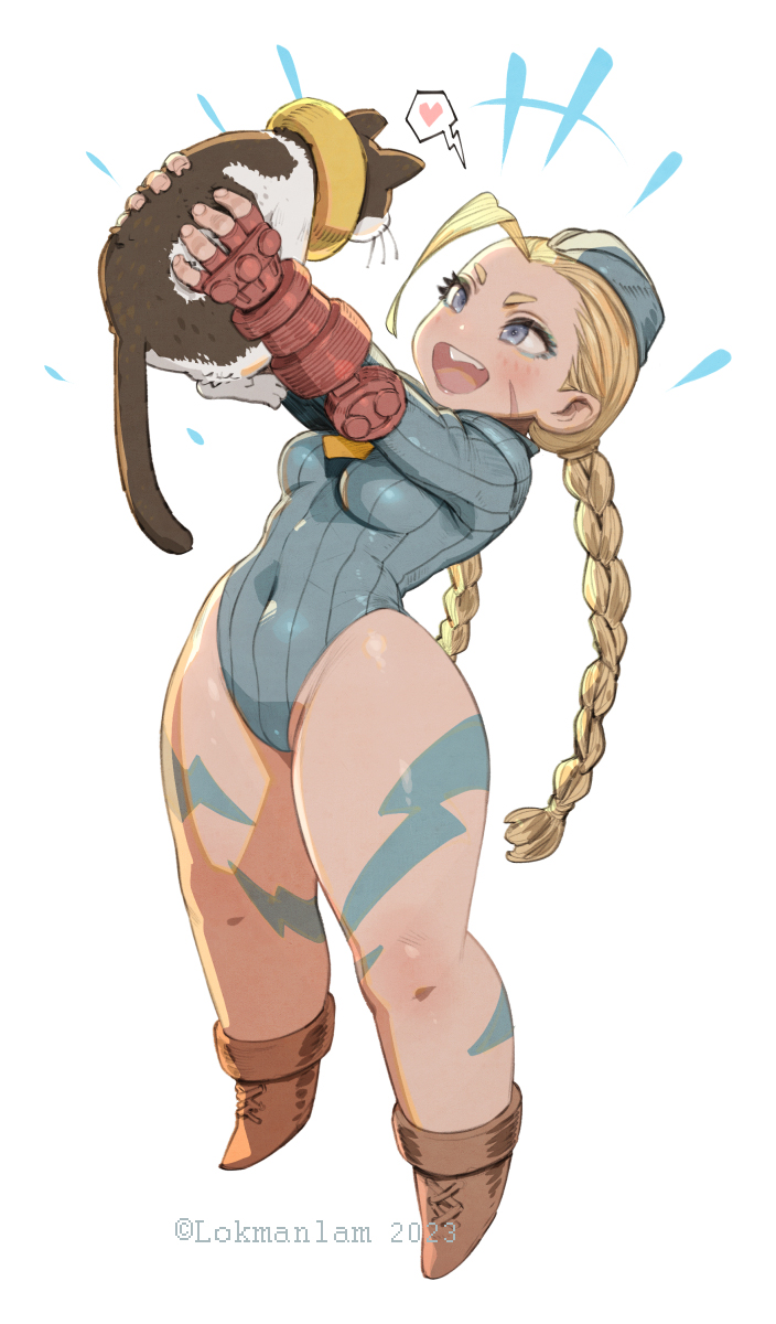 1girl :d animal artist_name beret blonde_hair blue_eyes blue_leotard boots braid breasts cammy_white cat chibi combat_boots covered_navel dated english_commentary fingerless_gloves full_body gloves hat heart highres holding holding_animal holding_cat leotard lokman_lam long_hair looking_at_another medium_breasts official_alternate_costume scar scar_on_cheek scar_on_face smile spoken_heart street_fighter street_fighter_zero_(series) twin_braids white_background