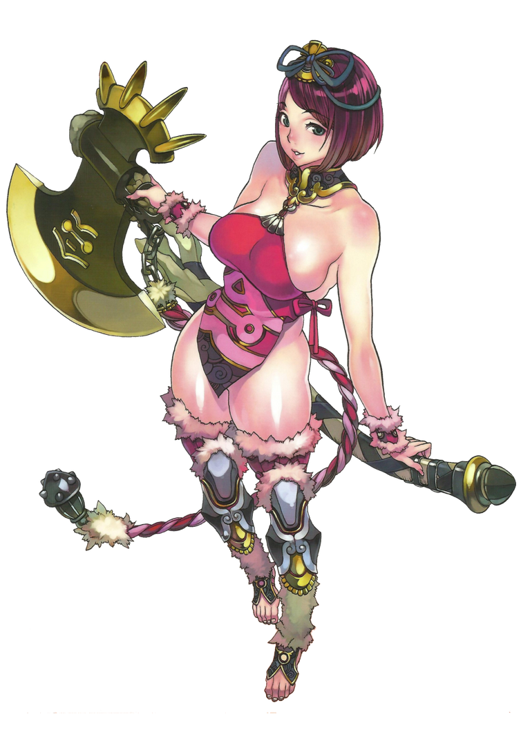 1girl axe bare_shoulders battle_axe breasts f.s. full_body goldie_(queen's_blade) holding holding_axe holding_weapon looking_at_viewer queen's_blade queen's_blade_grimoire red_hair short_hair simple_background solo weapon