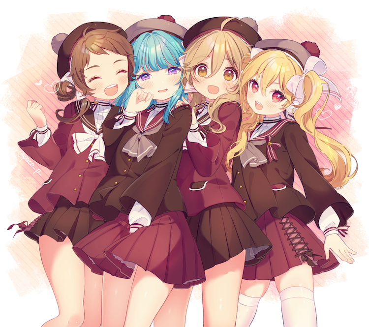 4girls blonde_hair blue_hair bow brown_hair brown_headwear closed_eyes ensemble_stars! genderswap genderswap_(mtf) hair_bow mashiro_tomoya multiple_girls multiple_hair_bows nito_nazuna orange_eyes purple_eyes rabbits_(ensemble_stars!) red_eyes rinndouk shino_hajime tenma_mitsuru twintails