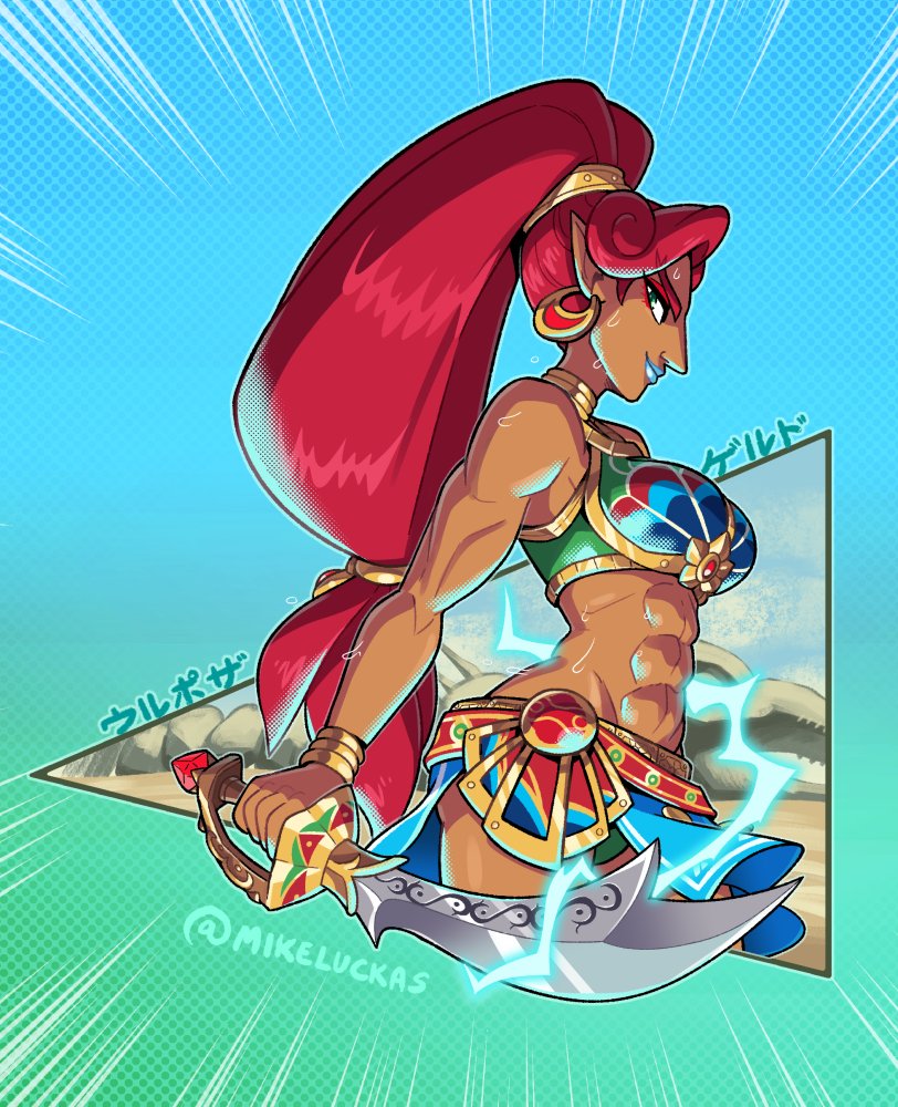 1girl abs artist_name bare_shoulders blue_skin colored_skin dark-skinned_female dark_skin earrings gerudo green_eyes holding holding_sword holding_weapon jewelry long_hair mike_luckas muscular muscular_female panties pointy_ears red_hair sleeveless sword the_legend_of_zelda the_legend_of_zelda:_breath_of_the_wild underwear urbosa very_long_hair watermark weapon