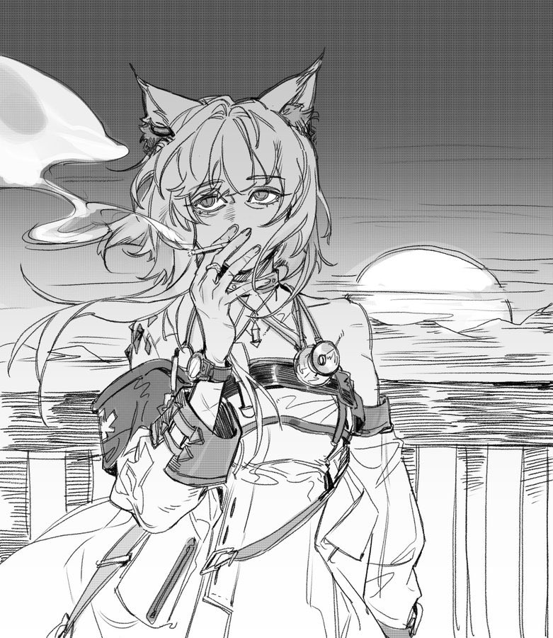 1girl animal_ears arknights cigarette dress fox_ears greyscale hand_up infection_monitor_(arknights) kal'tsit_(arknights) lenereco looking_to_the_side monochrome morning oripathy_lesion_(arknights) outdoors railing scar sidelocks smoking solo stethoscope sun