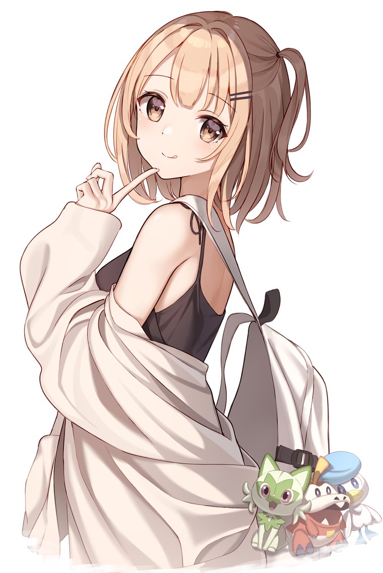 1girl bag bare_shoulders blonde_hair breasts brown_eyes camisole closed_mouth fuecoco hair_ornament hairclip huyunora jacket long_sleeves looking_at_viewer off_shoulder original pokemon quaxly simple_background smile solo sprigatito tongue tongue_out upper_body white_background