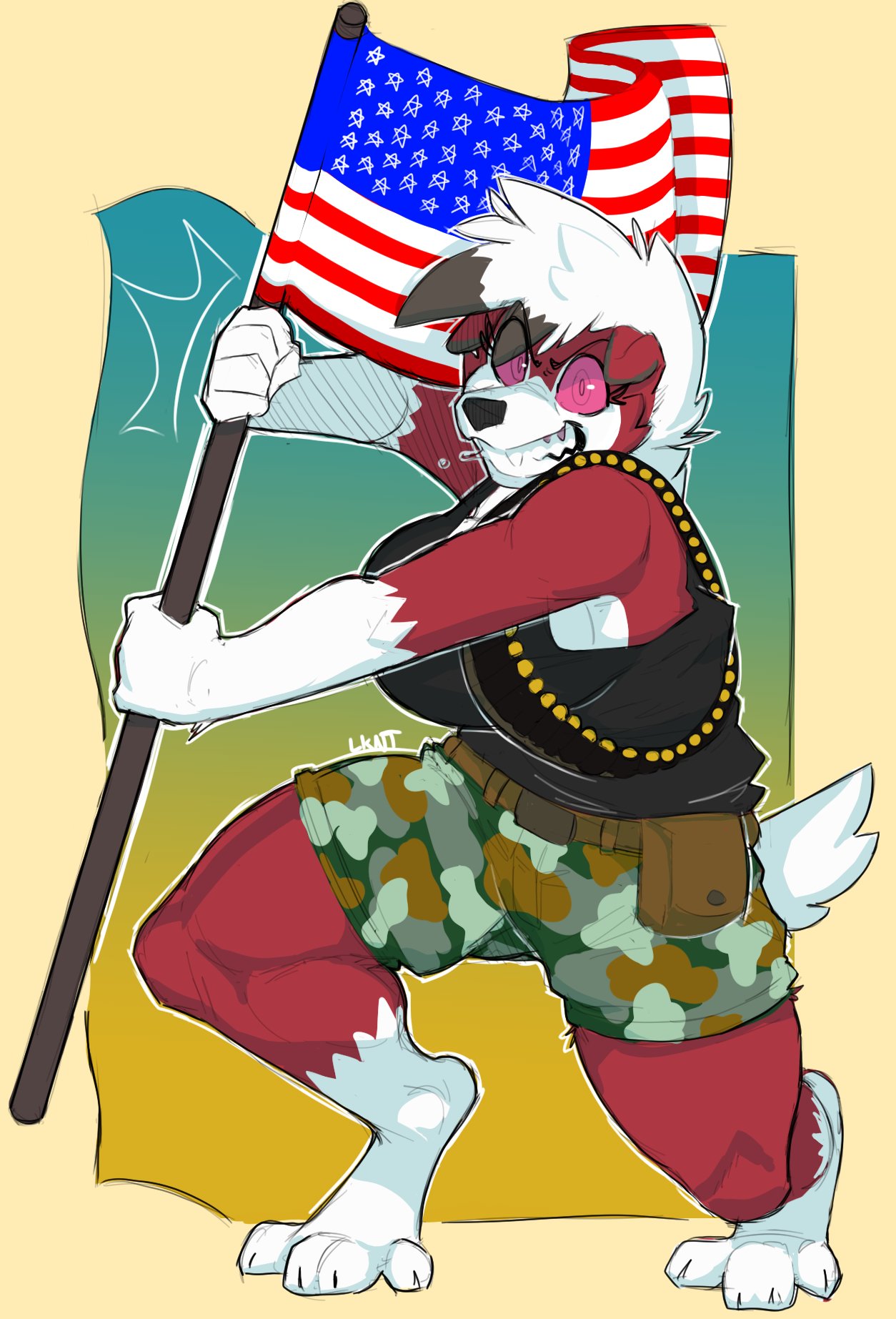 2023 4_toes 5_fingers alice_(mercsavior935) ammo_belt anthro barefoot belt belt_pouch bottomwear camo camo_bottomwear camo_clothing camo_print camo_shorts canid claws clenched_teeth clothed clothing crouching feet female fingers flag fur generation_7_pokemon gradient_background hi_res holding_flag holding_object looking_at_viewer lowkey_nottoast lycanroc mammal midnight_lycanroc multicolored_body multicolored_fur nintendo pattern_bottomwear pattern_clothing pattern_shorts pokemon pokemon_(species) purple_sclera red_body red_fur shirt shorts signature simple_background solo stars_and_stripes tan_background tank_top teeth toe_claws toes toothy_grin topwear two_tone_body two_tone_fur united_states_of_america white_body white_fur