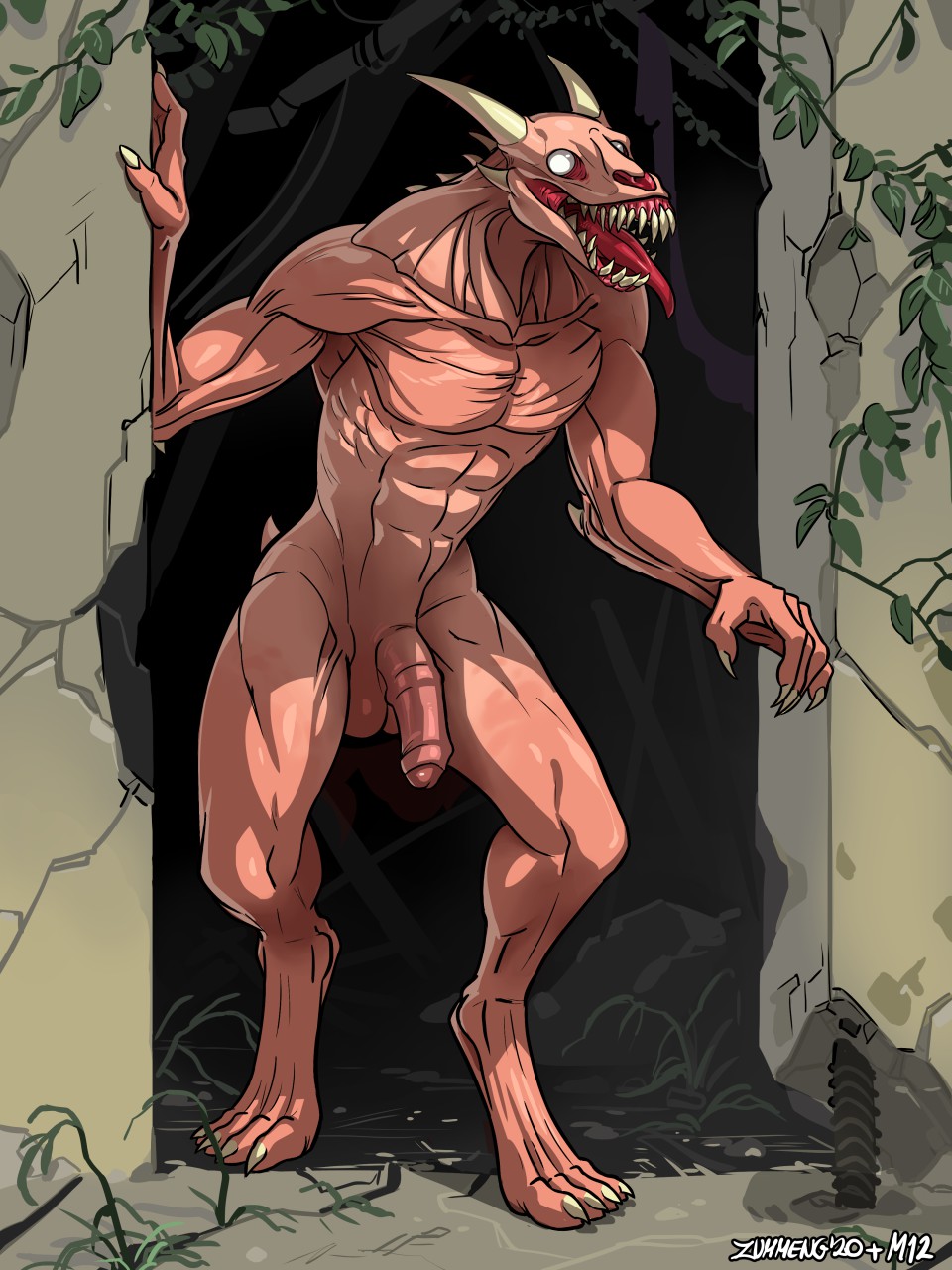5_fingers balls biped claws cracks detailed_background digital_drawing_(artwork) digital_media_(artwork) digitigrade feet finger_claws fingers genitals glans head_spikes hi_res horn humanoid male maxner12 muscular muscular_humanoid muscular_male nude open_mouth penis plant red_body sharp_teeth solo spikes spikes_(anatomy) standing teeth toe_claws toes tongue tongue_out white_eyes zummeng