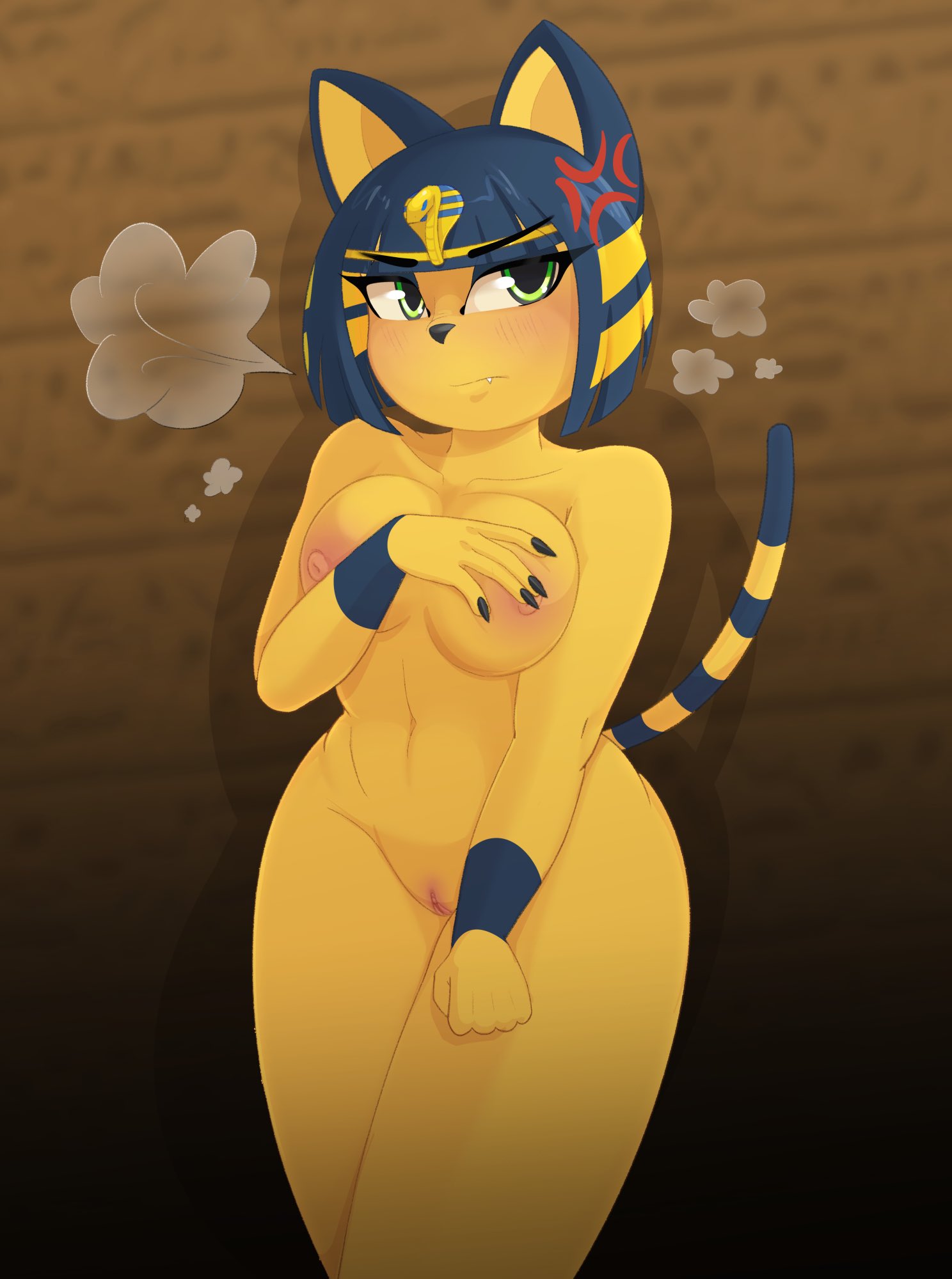 angry animal_crossing ankha_(animal_crossing) anthro areola breasts breath female genitals hi_res holding_breast medium_breasts nintendo nipples nude pink_areola pink_nipples pussy solo spicyredfox