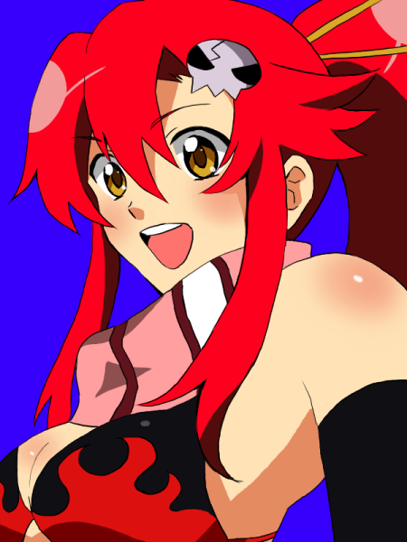 1girl blush breasts brown_eyes chimari cleavage hair_ornament long_hair medium_breasts ponytail red_hair scarf sleeveless smile tengen_toppa_gurren_lagann yoko_littner