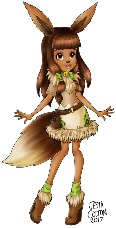 ambiguous_gender anthro bangs bell belt boots brown_body brown_fur chest_tuft clothed clothing colored dollightful_(copyright) dress eevee eevee_(dollightful) fluffy fluffy_tail footwear fully_clothed fur generation_1_pokemon humanoid jestacolton long_ears nintendo pokemon pokemon_(species) pokemon_humanoid shaded smile socks solo tail tuft