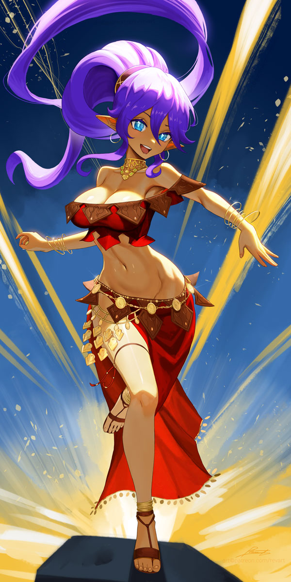 1:2 blue_eyes breasts brown_clothing brown_topwear cleavage clothed clothing female fingers footwear genie hair hi_res humanoid humanoid_pointy_ears jewelry midriff not_furry open_mouth open_smile purple_hair red_clothing red_topwear revenant_(artist) shantae shantae_(series) smile teeth tongue topwear wayforward