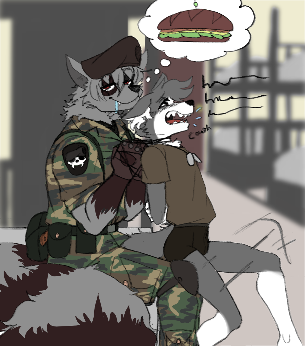 adam_manchester anthro asphyxiation bodily_fluids bottomwear breath_play butcher_pal camo camo_print canid canine canis choking clothed clothing digital_drawing_(artwork) digital_media_(artwork) dog_tags domestic_dog drooling duo food gloves handwear hat headgear headwear hybrid male male/male mammal military_uniform open_mouth procyonid raccoon red_eyes restrained restraints saliva sandwich_(food) simple_background thought_bubble uniform wolf